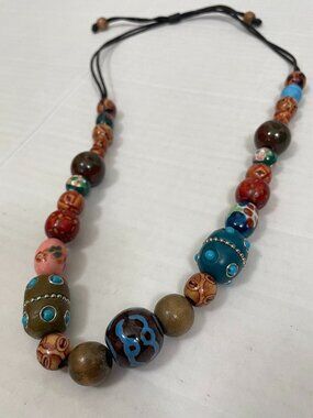 Vintage Hand-Painted Mixed Bead Statement Necklace - Chunky Boho Eclectic